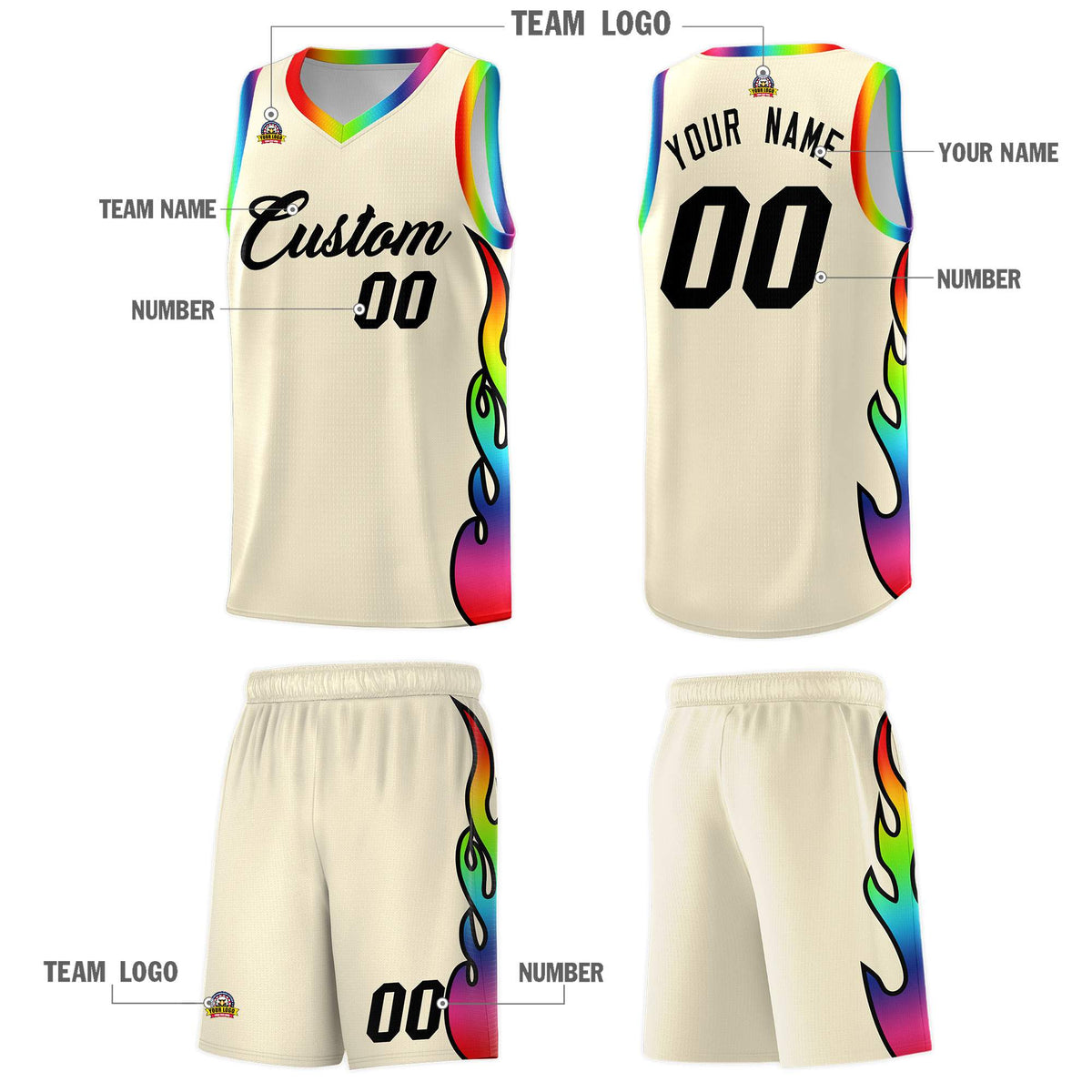 Custom Cream Side Flame Pattern Fashion Sports Uniform Basketball Jersey