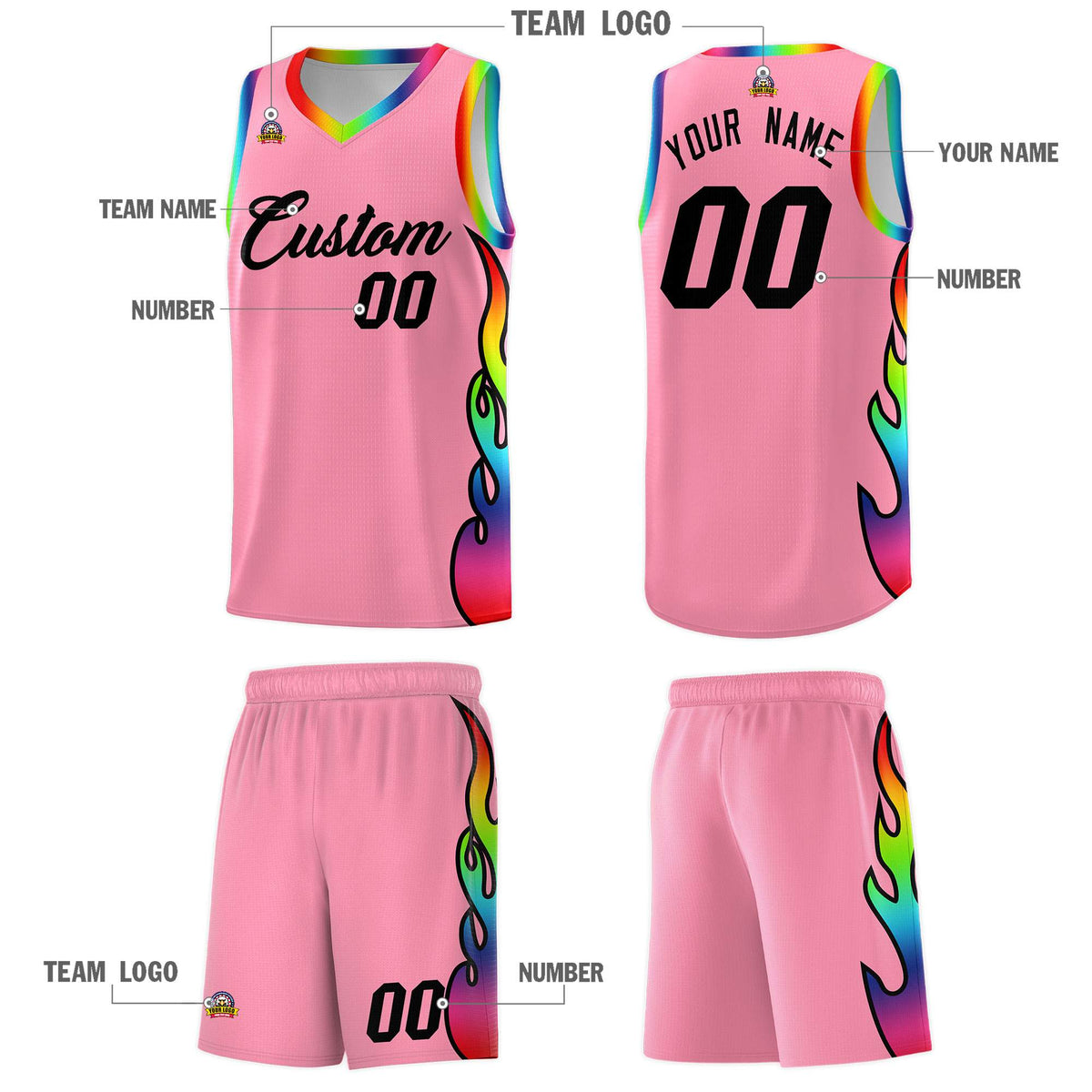 Custom Light Pink Side Flame Pattern Fashion Sports Uniform Basketball Jersey
