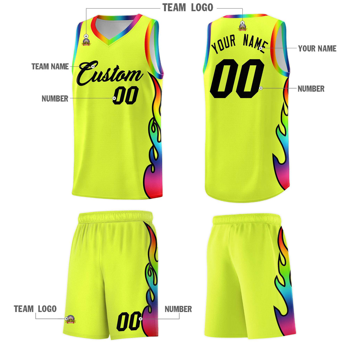 Custom Fluorescent Green Side Flame Pattern Fashion Sports Uniform Basketball Jersey
