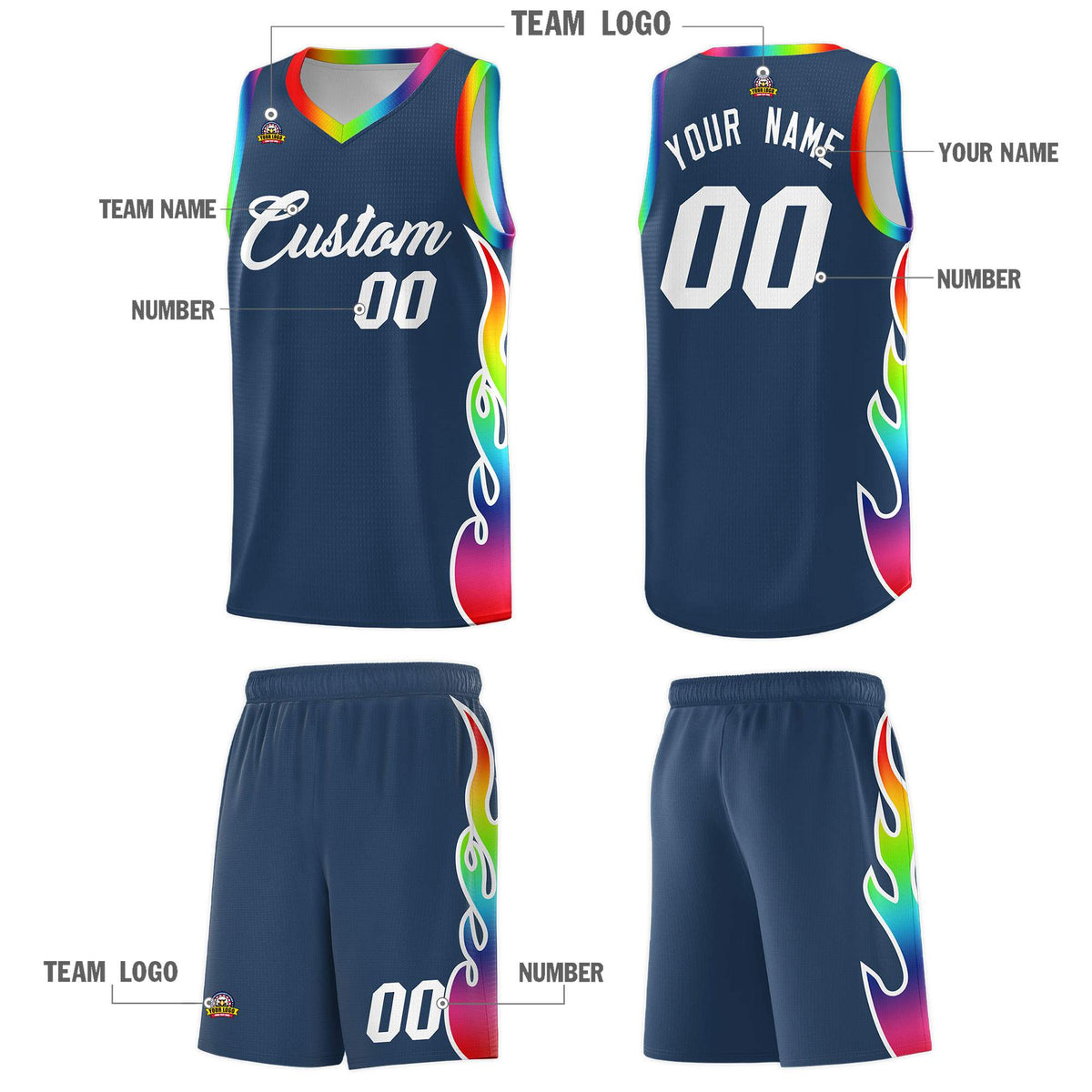 Custom Midnight Blue Side Flame Pattern Fashion Sports Uniform Basketball Jersey