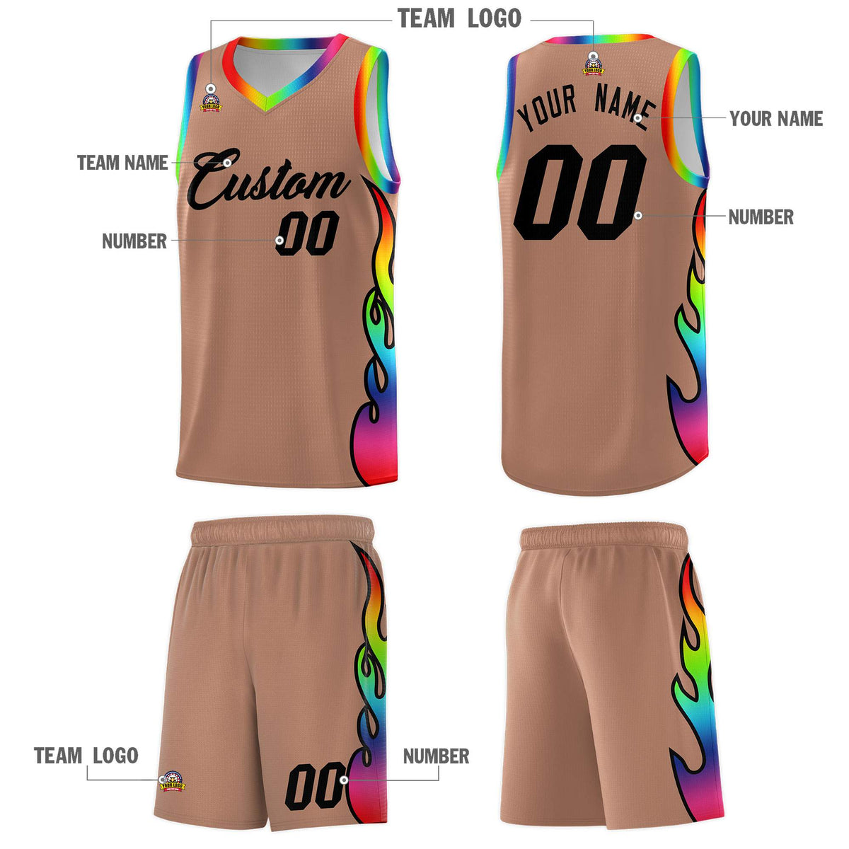Custom Light Brown Side Flame Pattern Fashion Sports Uniform Basketball Jersey