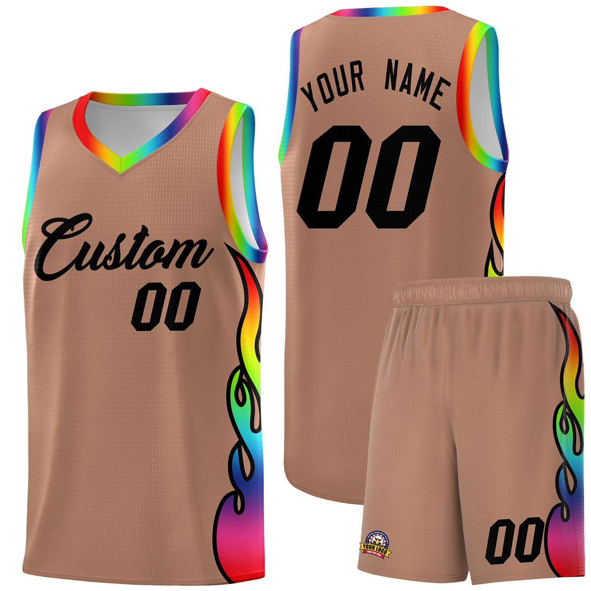 Custom Light Brown Side Flame Pattern Fashion Sports Uniform Basketball Jersey