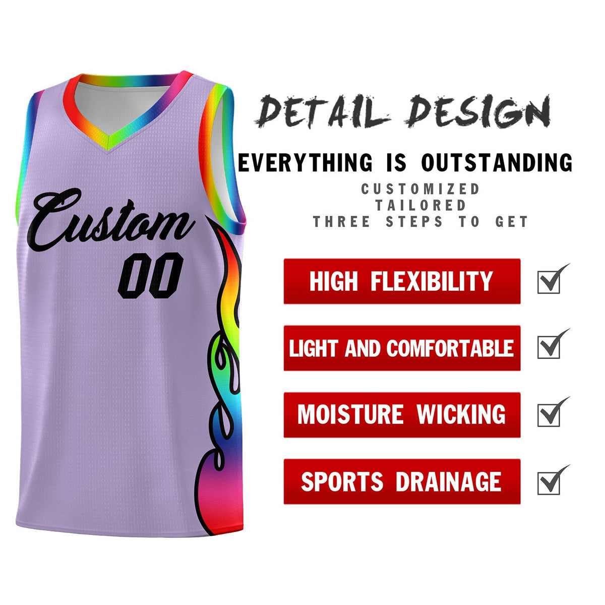 Custom Light Purple Side Flame Pattern Fashion Sports Uniform Basketball Jersey