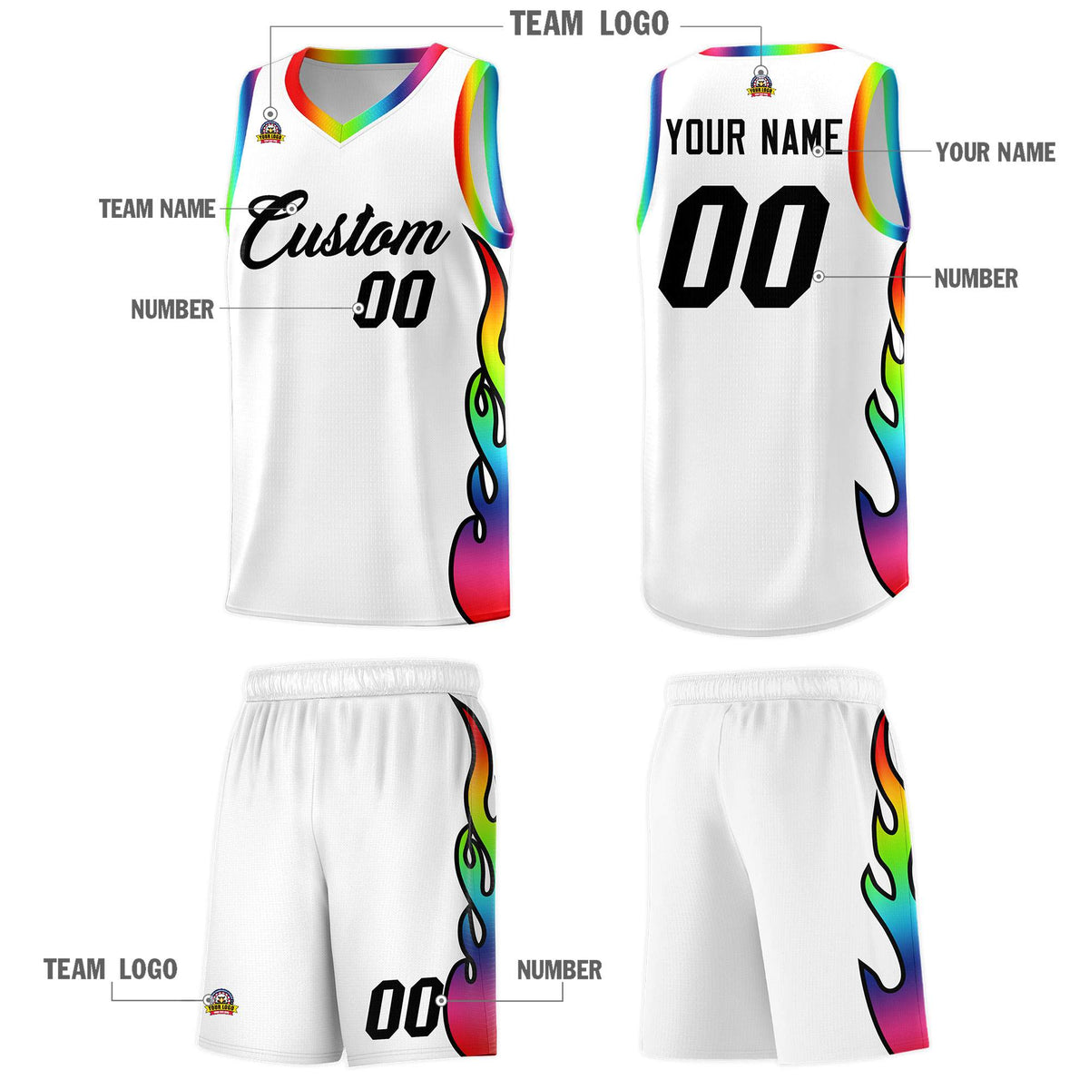 Custom White Side Flame Pattern Fashion Sports Uniform Basketball Jersey