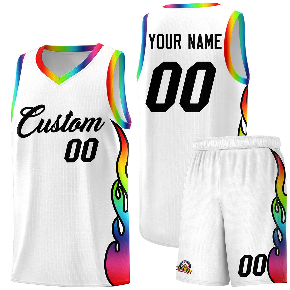 Custom White Side Flame Pattern Fashion Sports Uniform Basketball Jersey