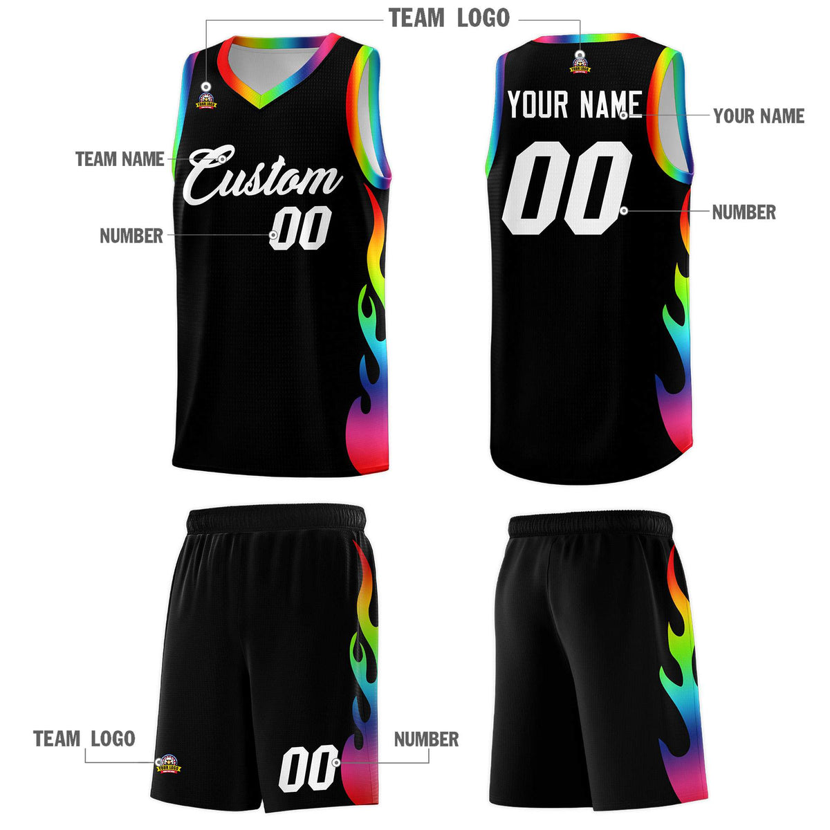 Custom Black Side Flame Pattern Fashion Sports Uniform Basketball Jersey