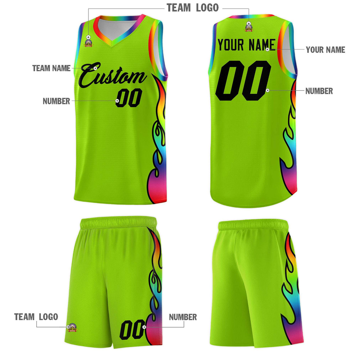 Custom Neon Green Side Flame Pattern Fashion Sports Uniform Basketball Jersey
