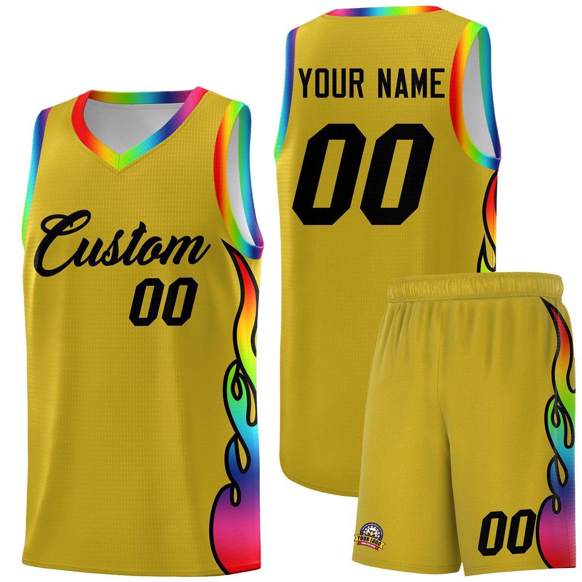 Custom Old Gold Side Flame Pattern Fashion Sports Uniform Basketball Jersey