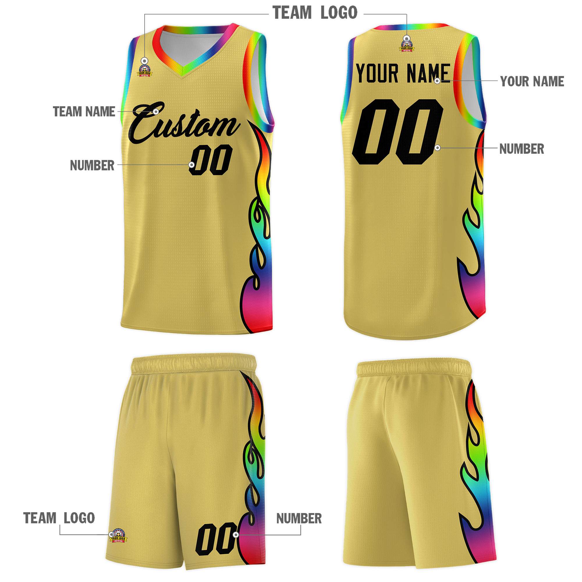 Custom Old Gold Side Flame Pattern Fashion Sports Uniform Basketball Jersey