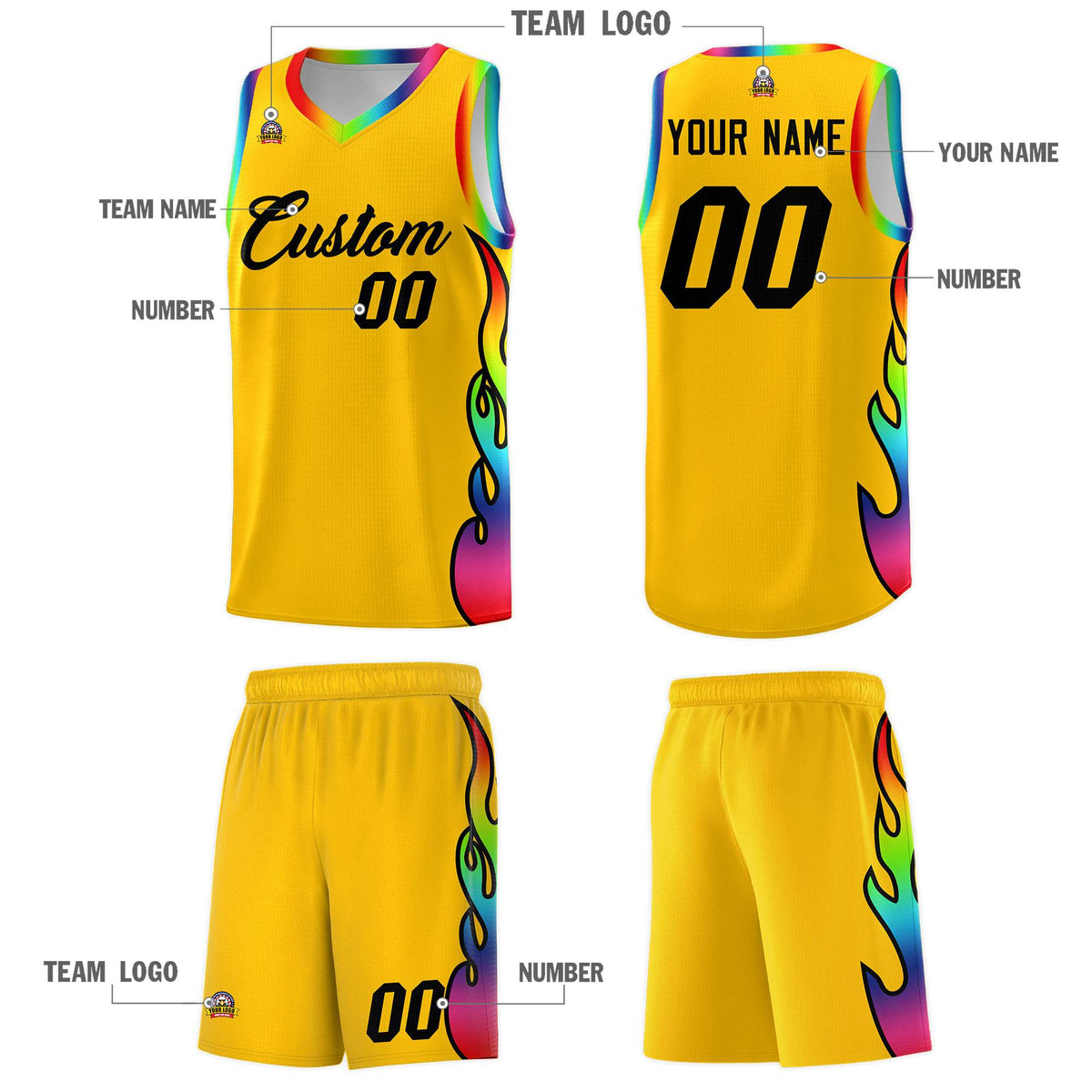 Custom Yellow Side Flame Pattern Fashion Sports Uniform Basketball Jersey
