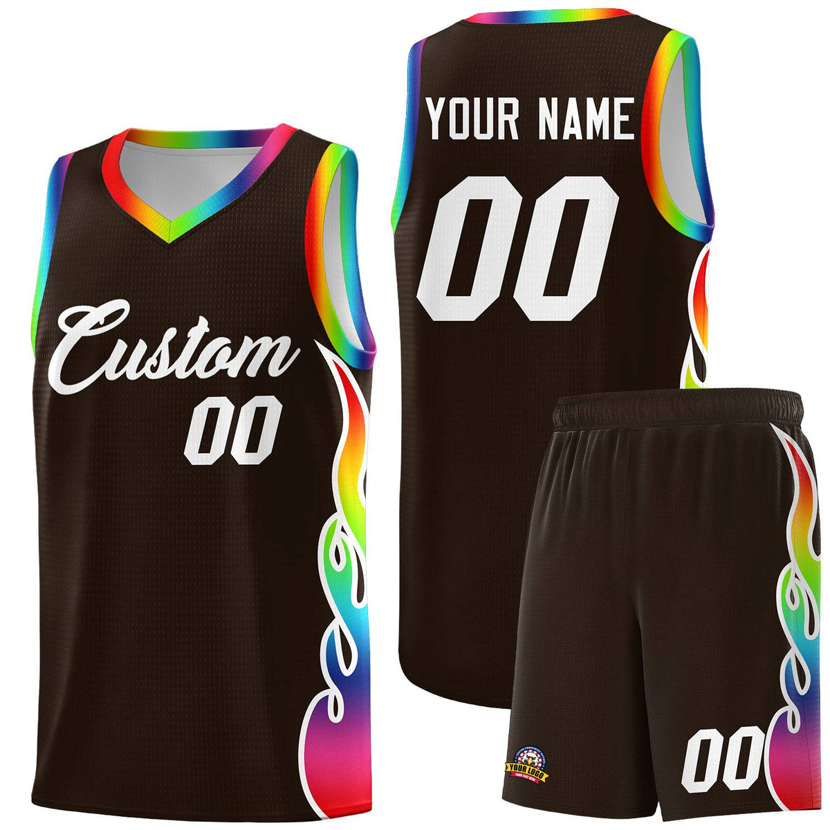 Custom Brown Side Flame Pattern Fashion Sports Uniform Basketball Jersey