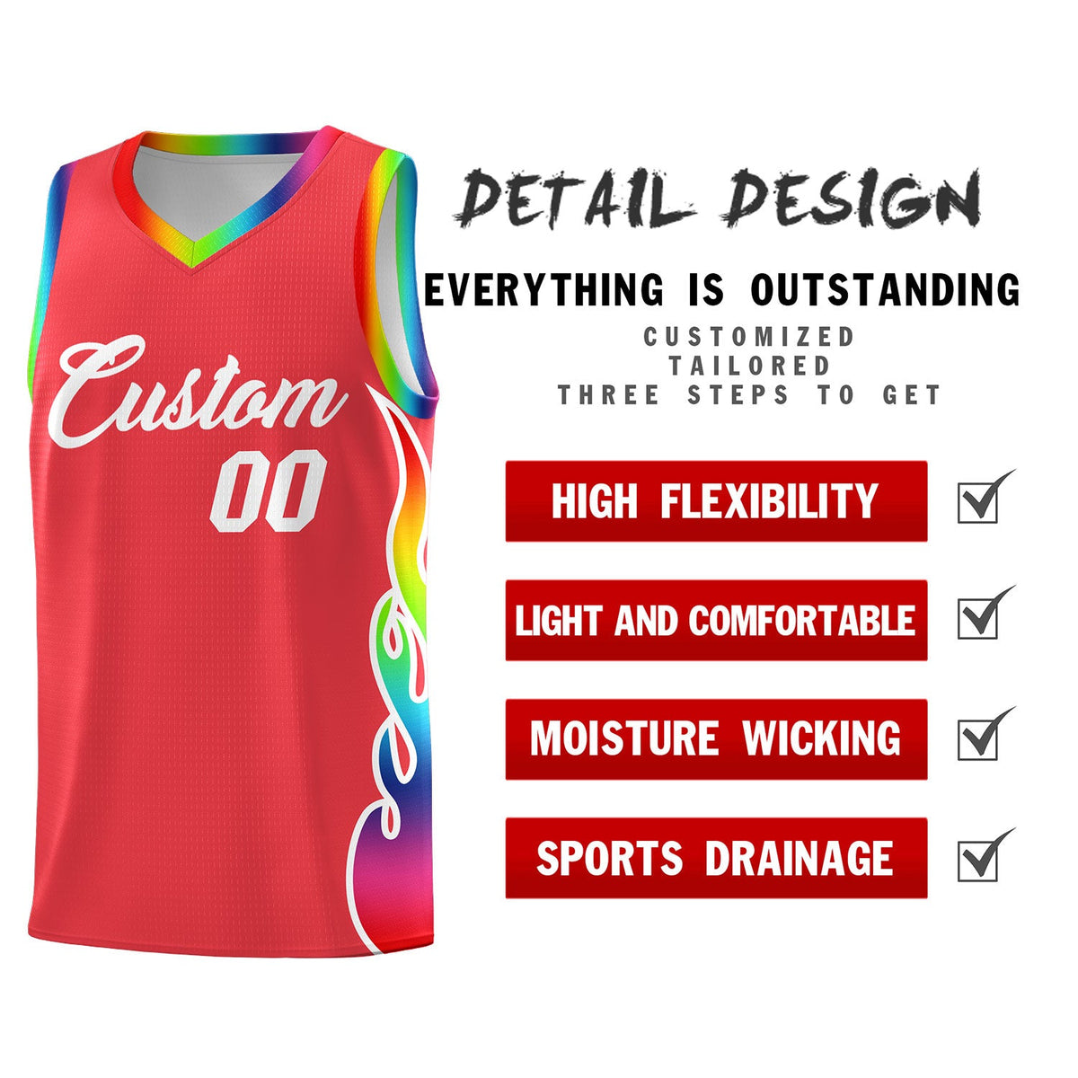 Custom Light Red Side Flame Pattern Fashion Sports Uniform Basketball Jersey