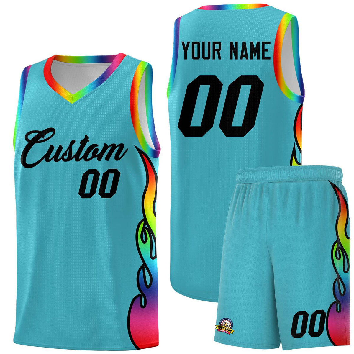 Custom Sky Blue Side Flame Pattern Fashion Sports Uniform Basketball Jersey