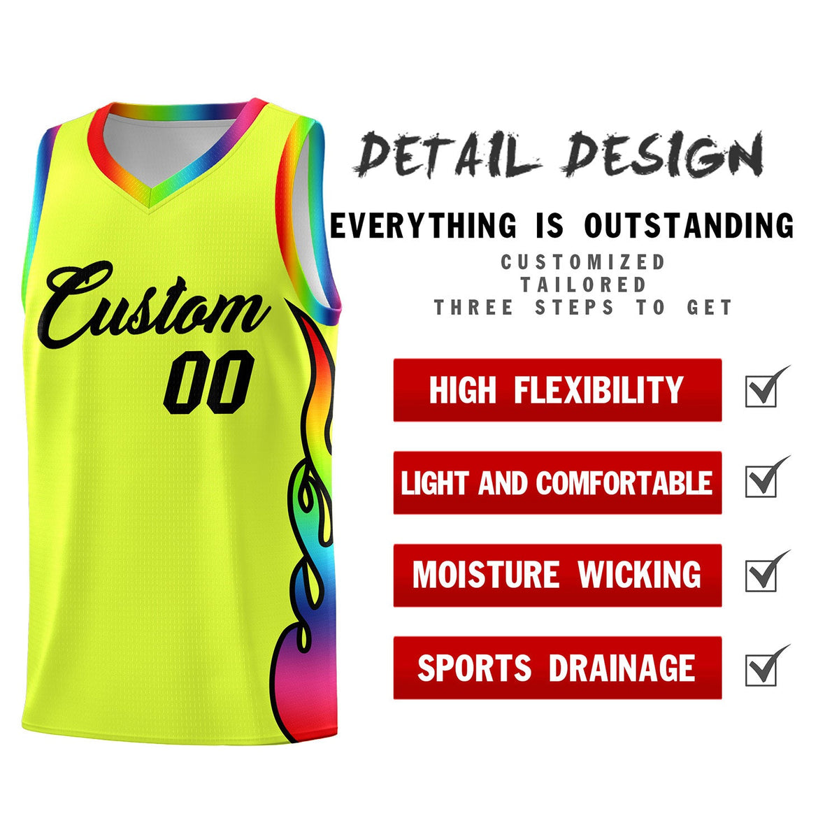 Custom Fluorescent Green Side Flame Pattern Fashion Sports Uniform Basketball Jersey