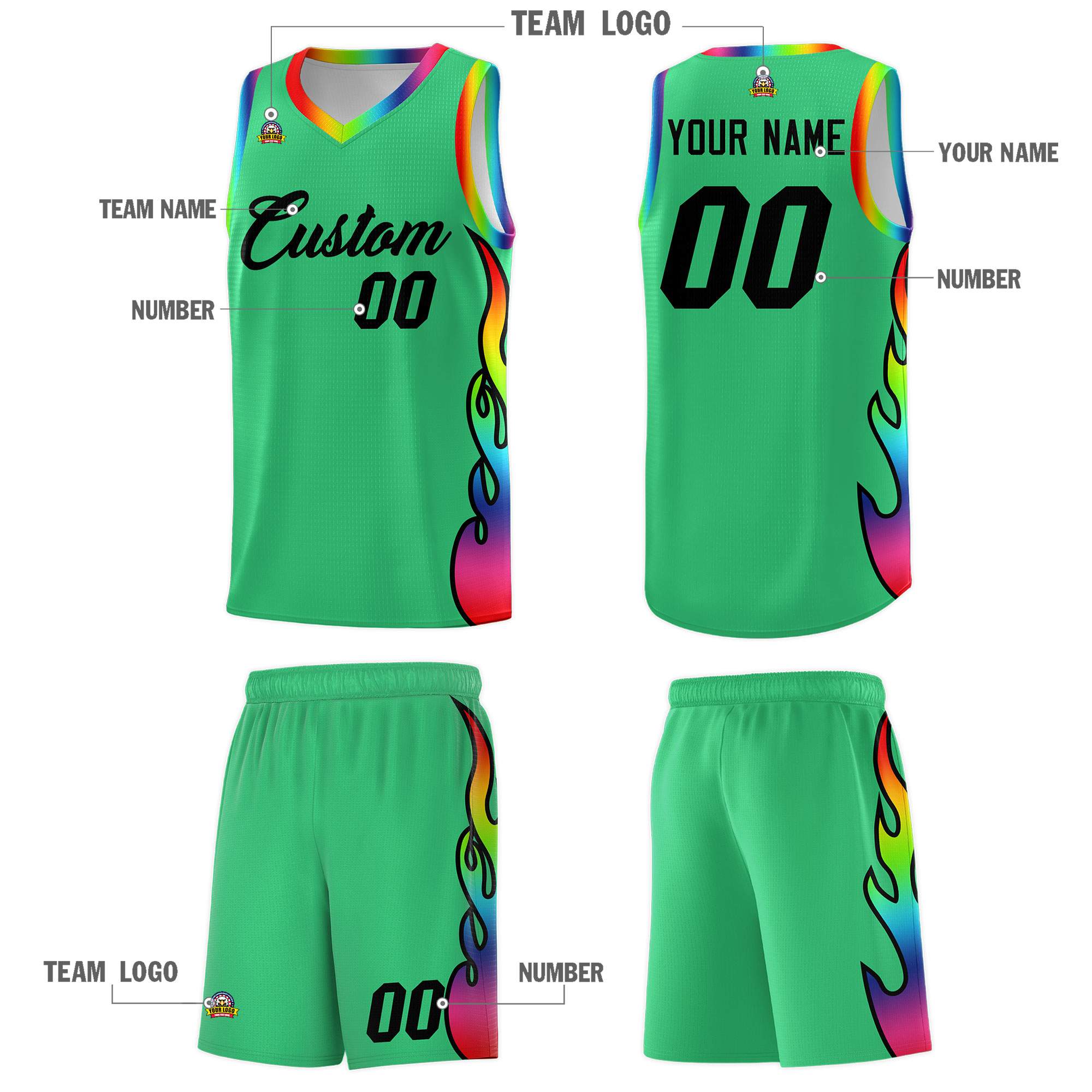 Custom Kelly Green Side Flame Pattern Fashion Sports Uniform Basketball Jersey
