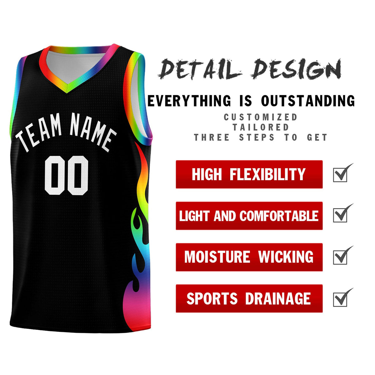 Custom Black Side Flame Pattern Fashion Sports Uniform Basketball Jersey