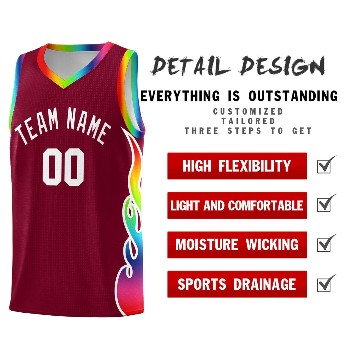 Custom Crimson Side Flame Pattern Fashion Sports Uniform Basketball Jersey