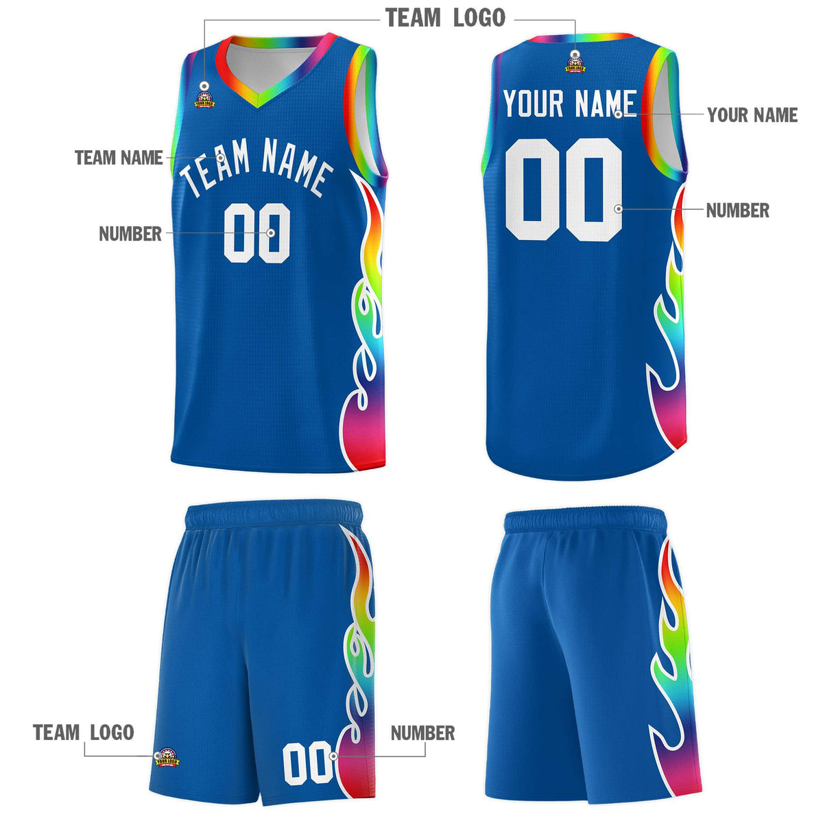 Custom Royal Side Flame Pattern Fashion Sports Uniform Basketball Jersey