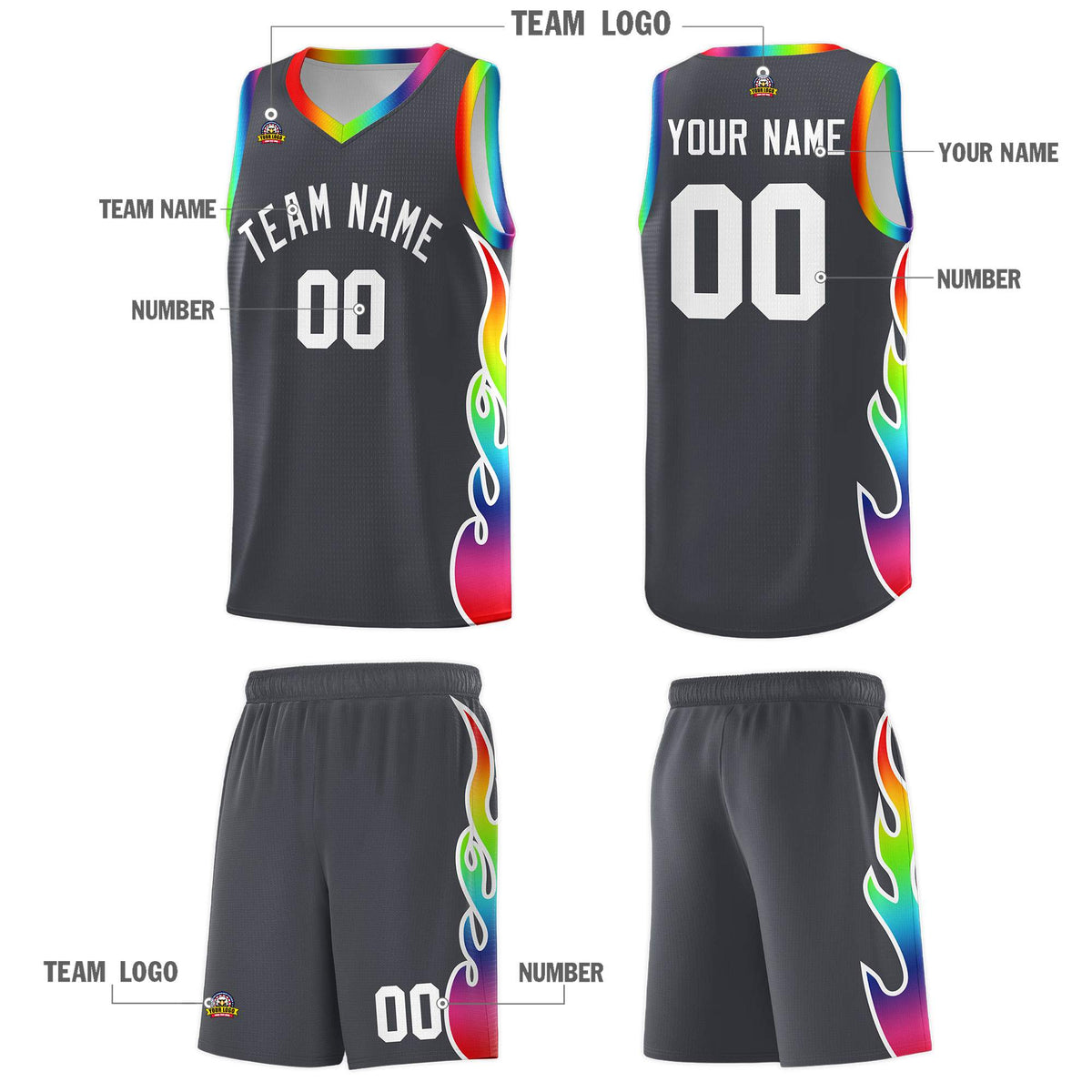 Custom Dark Gray Side Flame Pattern Fashion Sports Uniform Basketball Jersey
