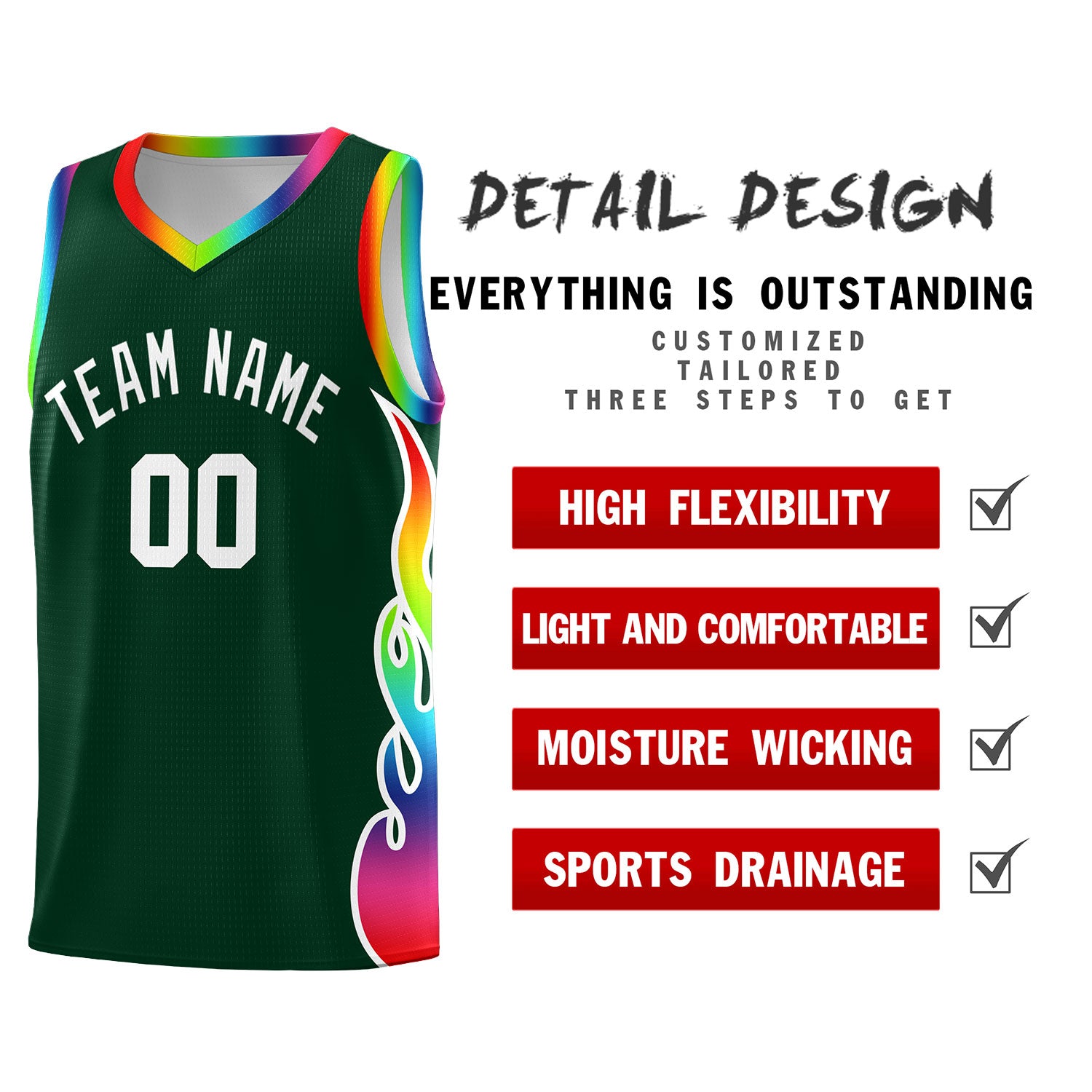 Custom Hunter Green Side Flame Pattern Fashion Sports Uniform Basketball Jersey