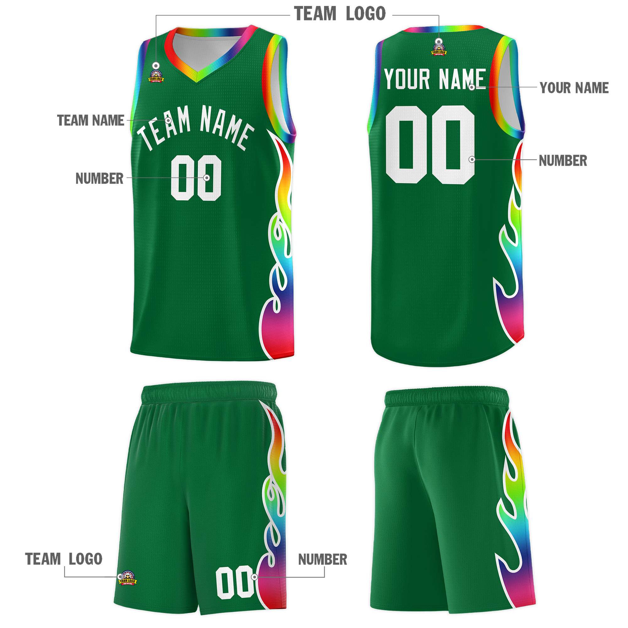 Custom Kelly Green Side Flame Pattern Fashion Sports Uniform Basketball Jersey