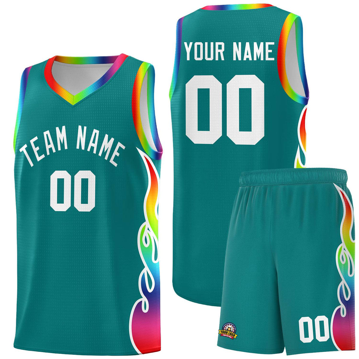 Custom Aqua Side Flame Pattern Fashion Sports Uniform Basketball Jersey