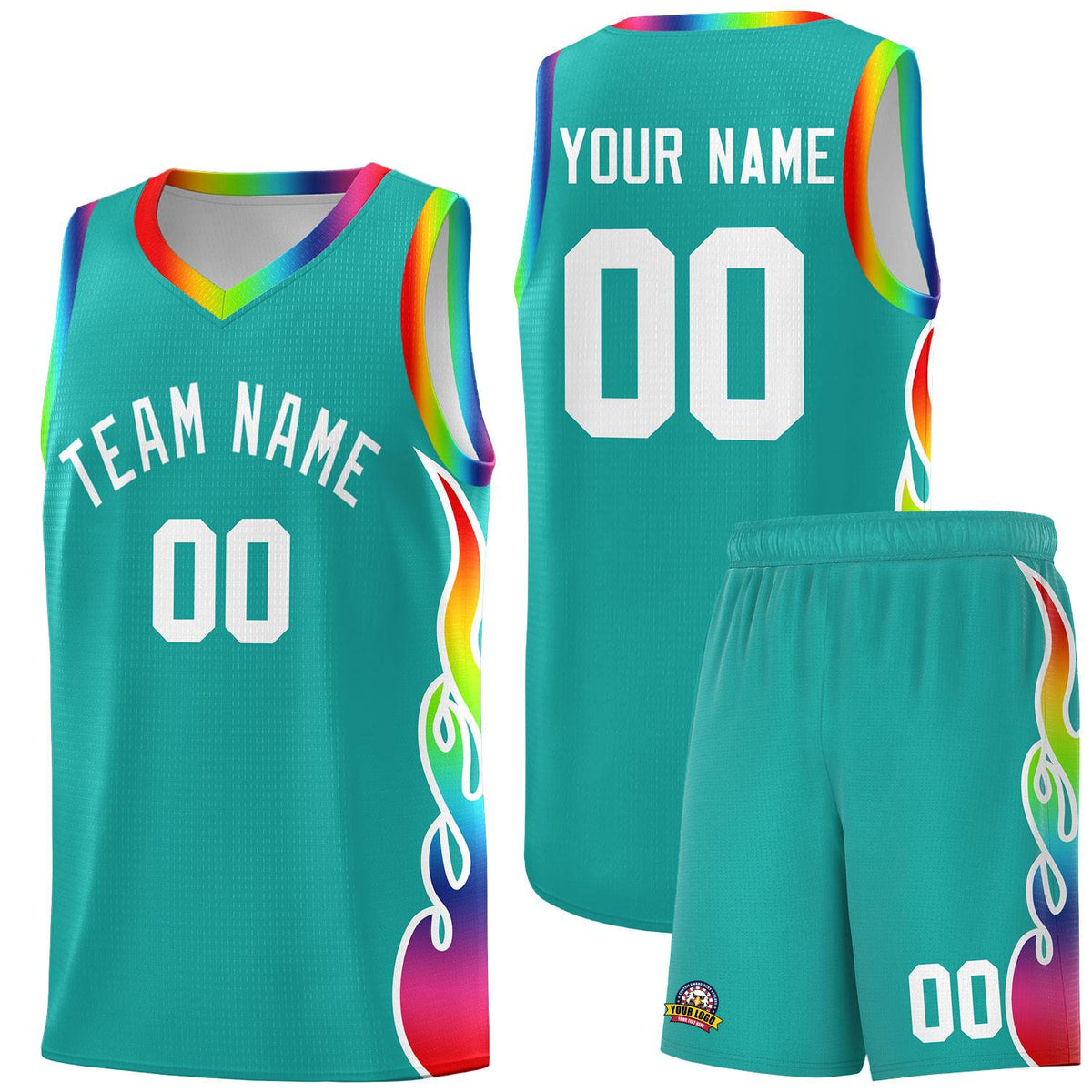 Custom Aqua Side Flame Pattern Fashion Sports Uniform Basketball Jersey
