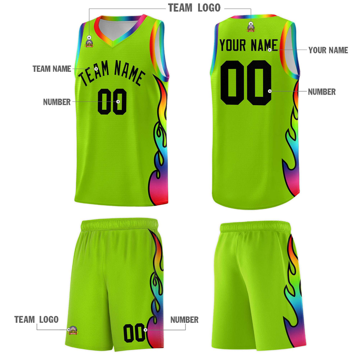 Custom Neon Green Side Flame Pattern Fashion Sports Uniform Basketball Jersey