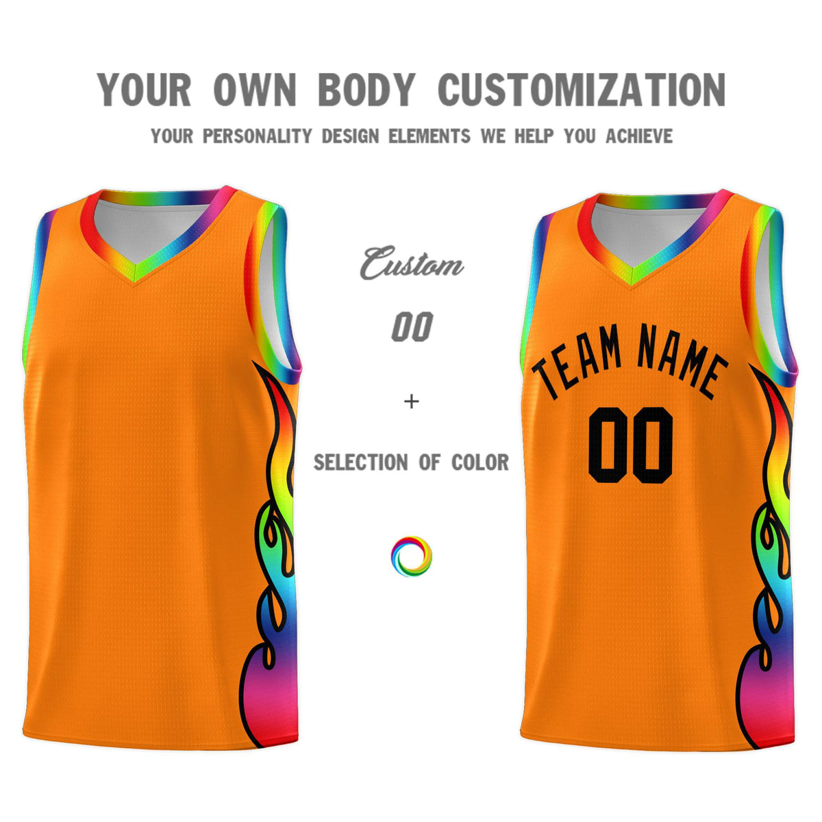 Custom Orange Side Flame Pattern Fashion Sports Uniform Basketball Jersey