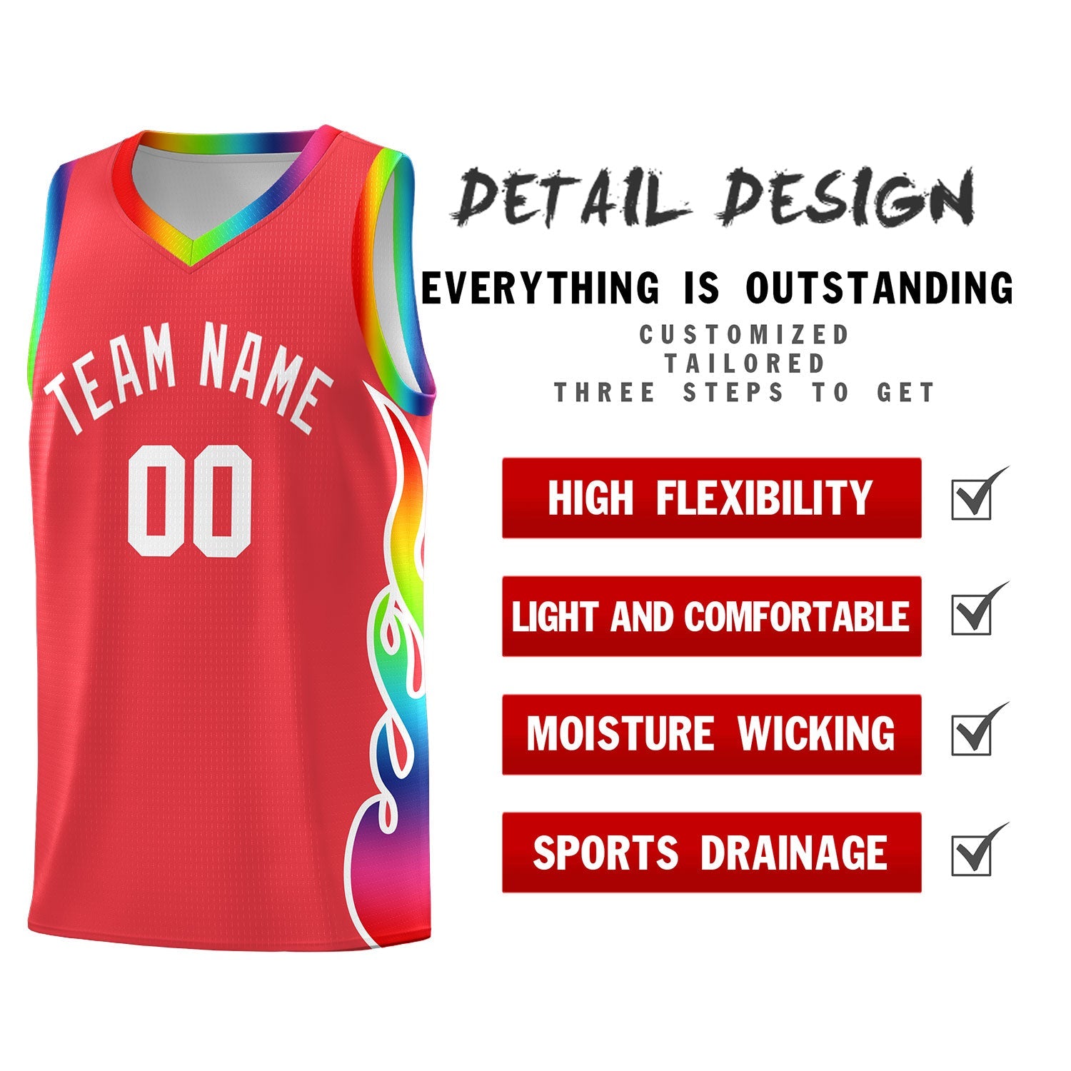Custom Light Red Side Flame Pattern Fashion Sports Uniform Basketball Jersey