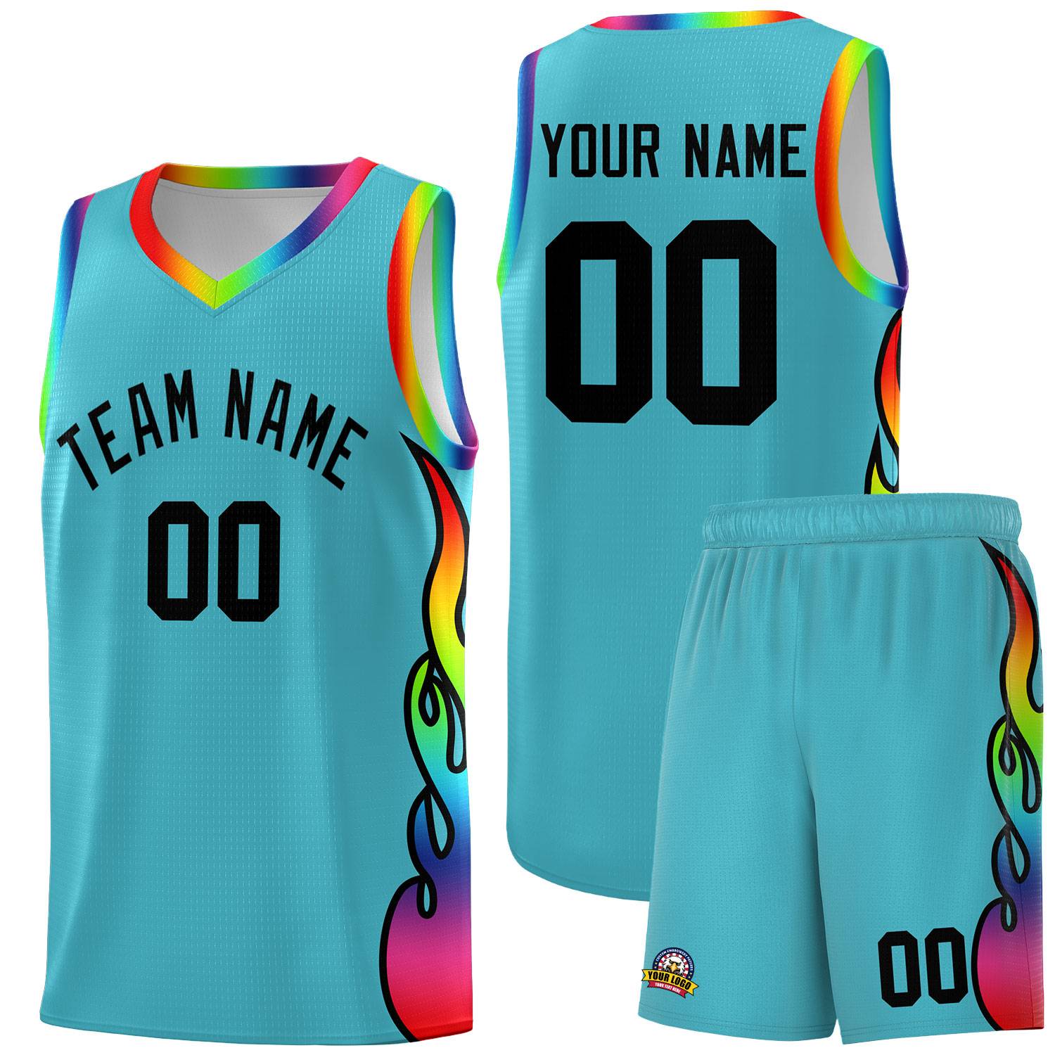 Custom Sky Blue Side Flame Pattern Fashion Sports Uniform Basketball Jersey