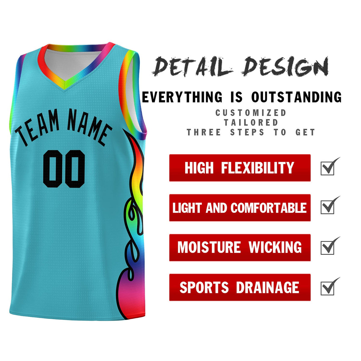 Custom Sky Blue Side Flame Pattern Fashion Sports Uniform Basketball Jersey