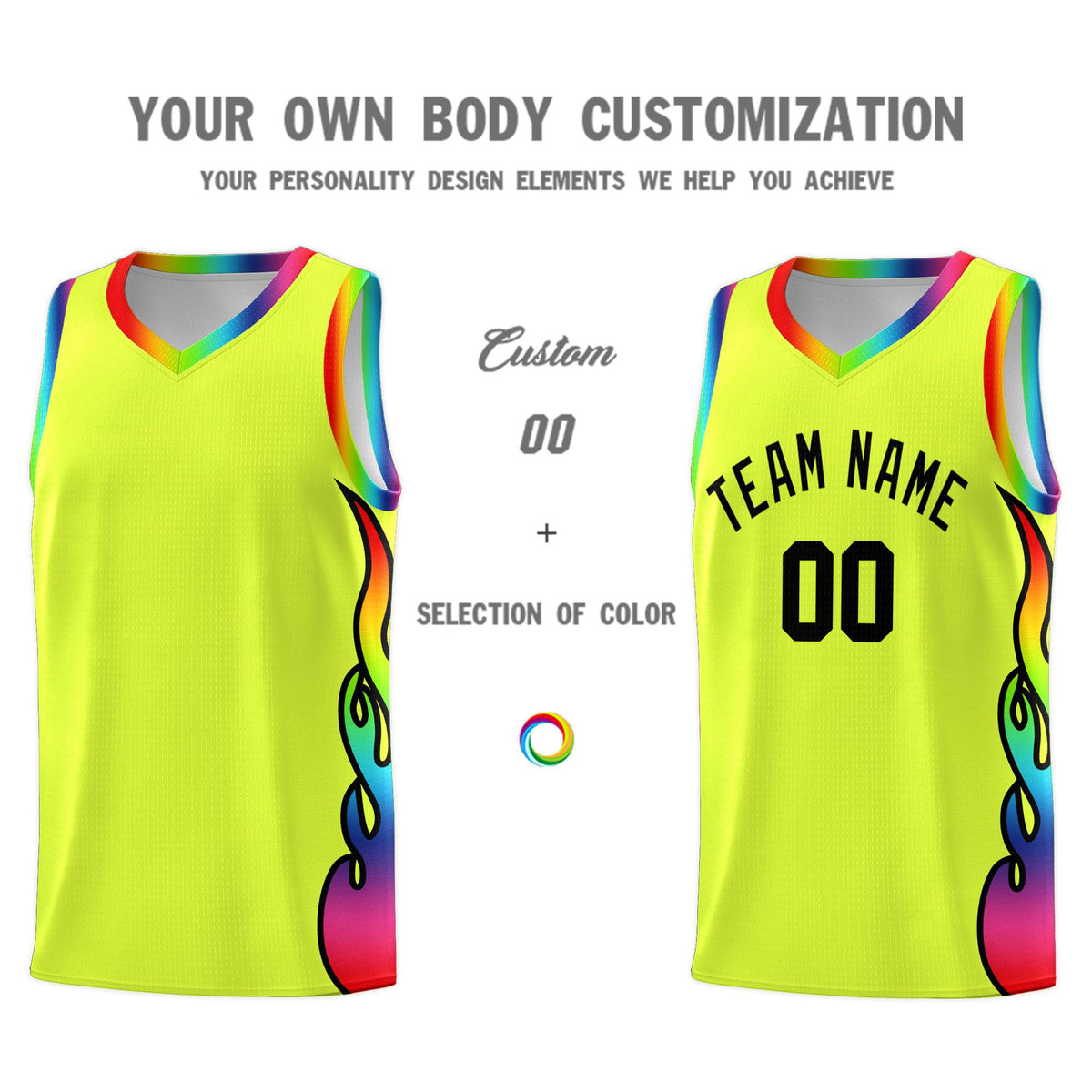 Custom Fluorescent Green Side Flame Pattern Fashion Sports Uniform Basketball Jersey