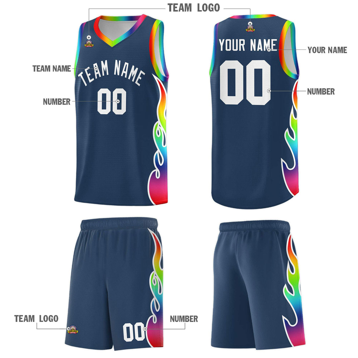 Custom Midnight Blue Side Flame Pattern Fashion Sports Uniform Basketball Jersey