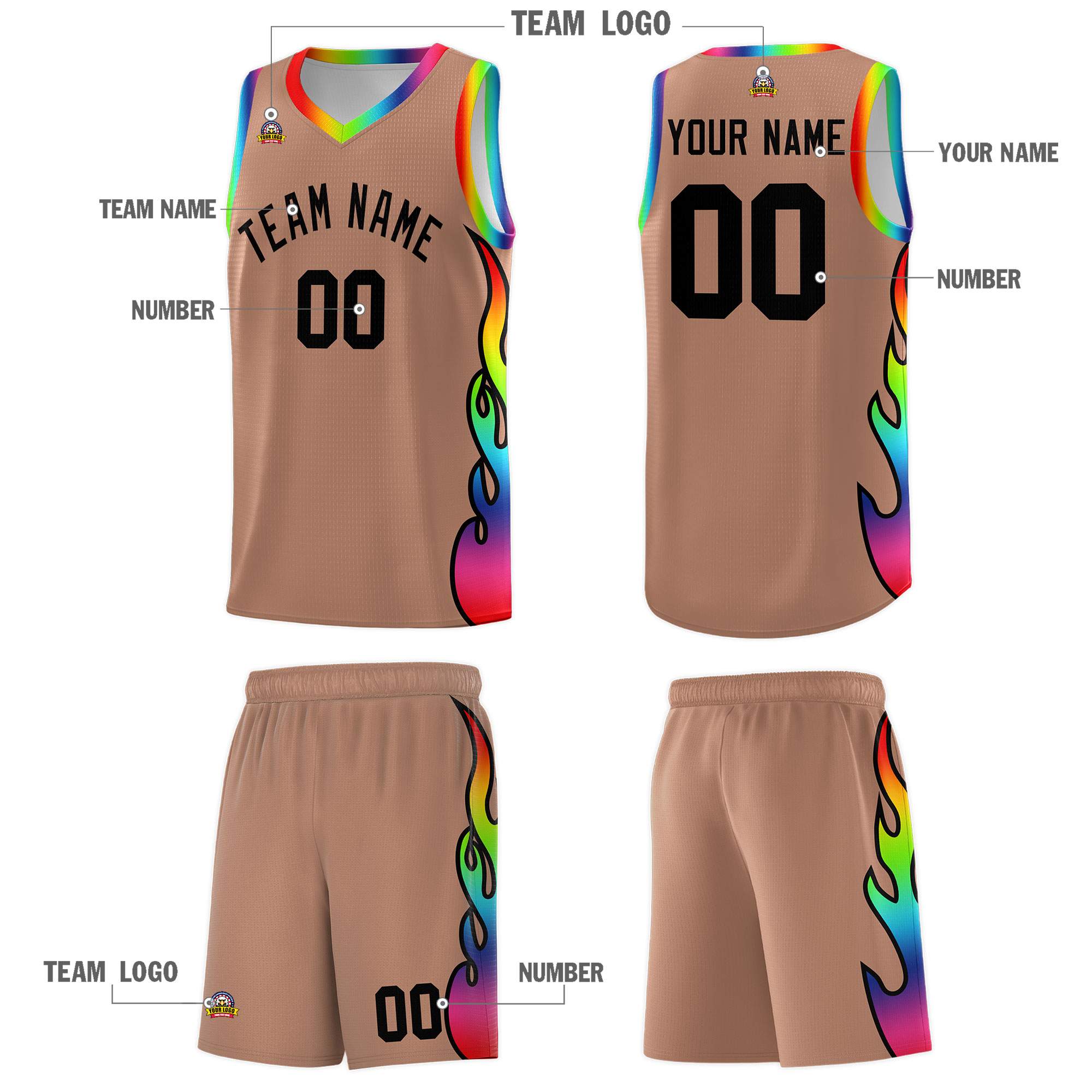 Custom Light Brown Side Flame Pattern Fashion Sports Uniform Basketball Jersey