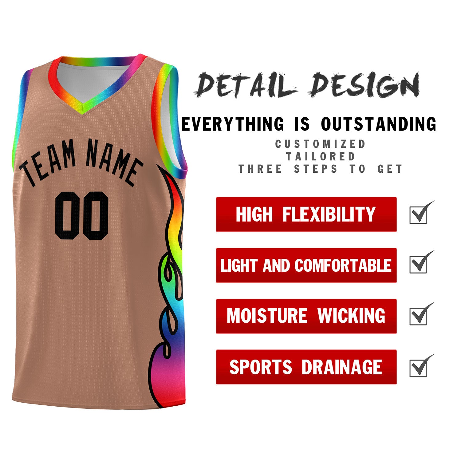 Custom Light Brown Side Flame Pattern Fashion Sports Uniform Basketball Jersey