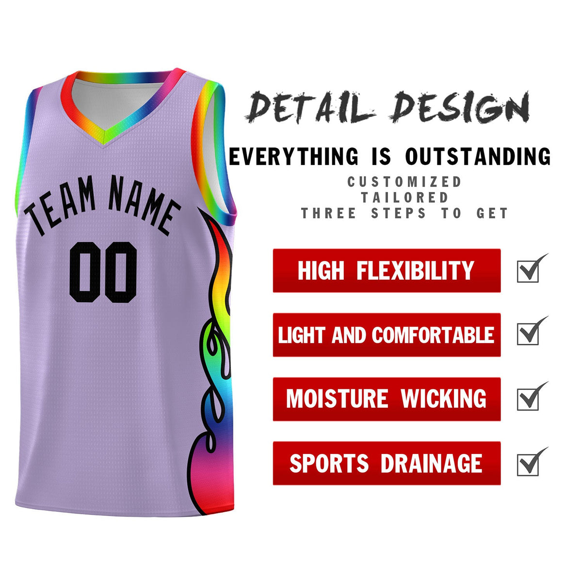 Custom Light Purple Side Flame Pattern Fashion Sports Uniform Basketball Jersey