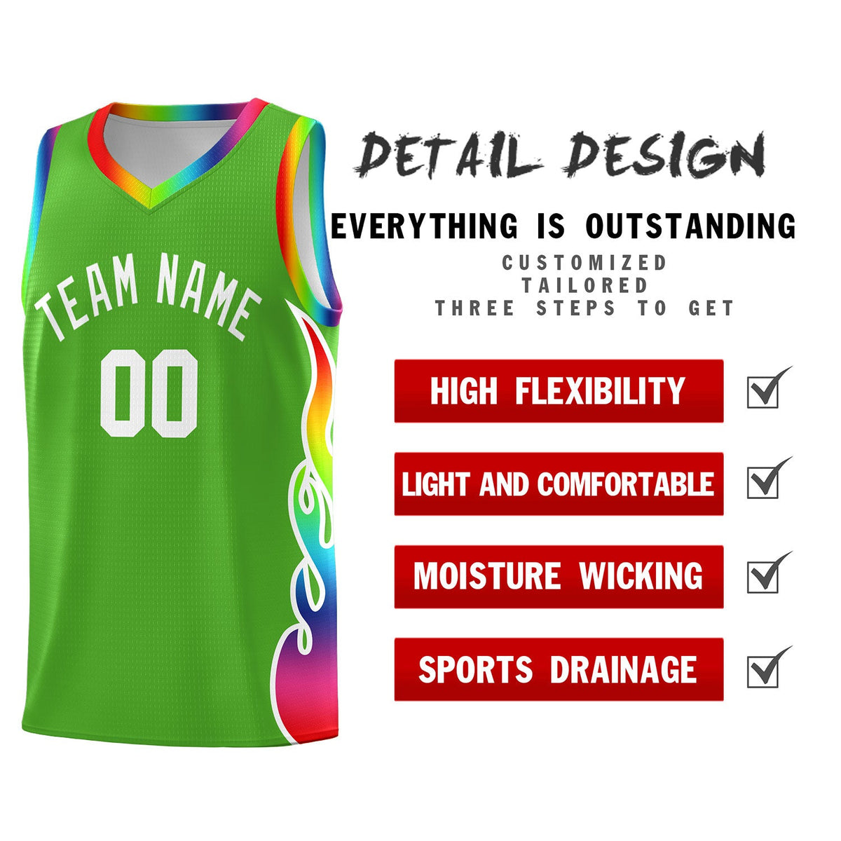 Custom Neon Green Side Flame Pattern Fashion Sports Uniform Basketball Jersey
