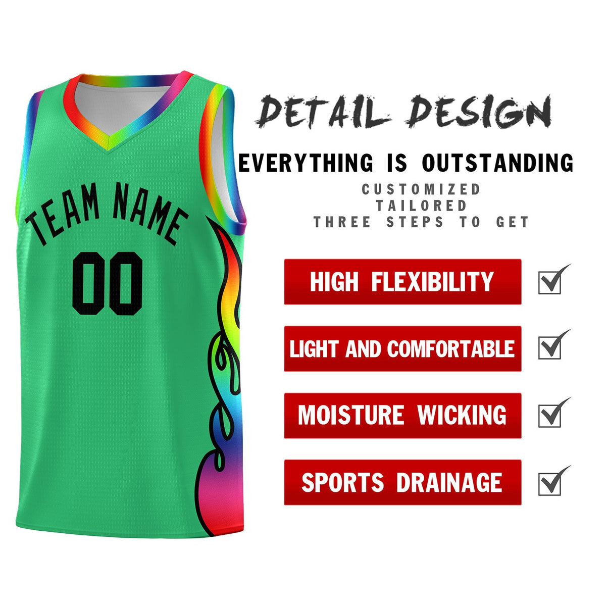 Custom Kelly Green Side Flame Pattern Fashion Sports Uniform Basketball Jersey