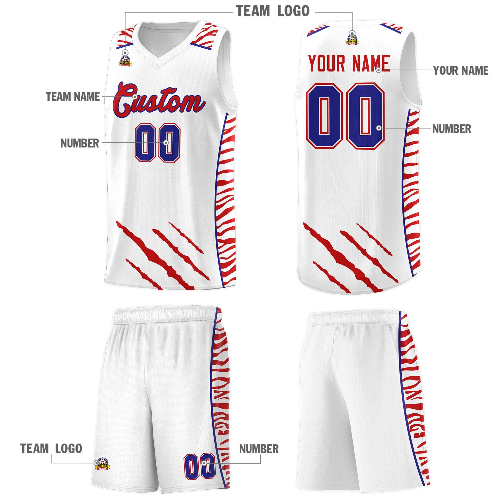 Custom White Personalized Tiger Claw Pattern Sports Uniform Basketball Jersey