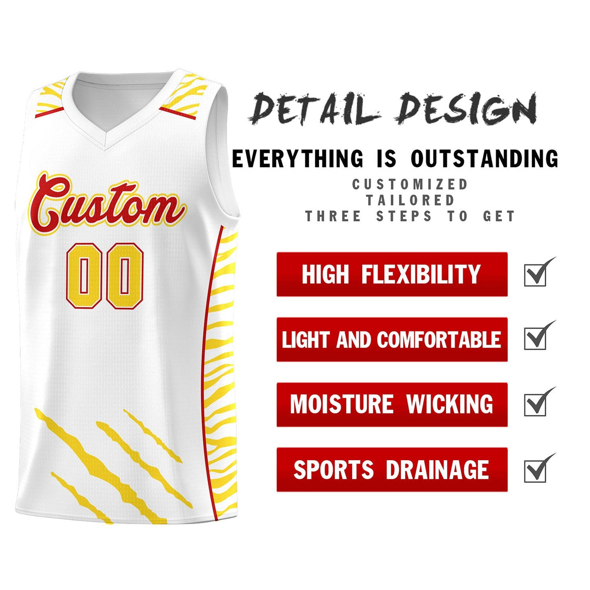 Custom White Personalized Tiger Claw Pattern Sports Uniform Basketball Jersey