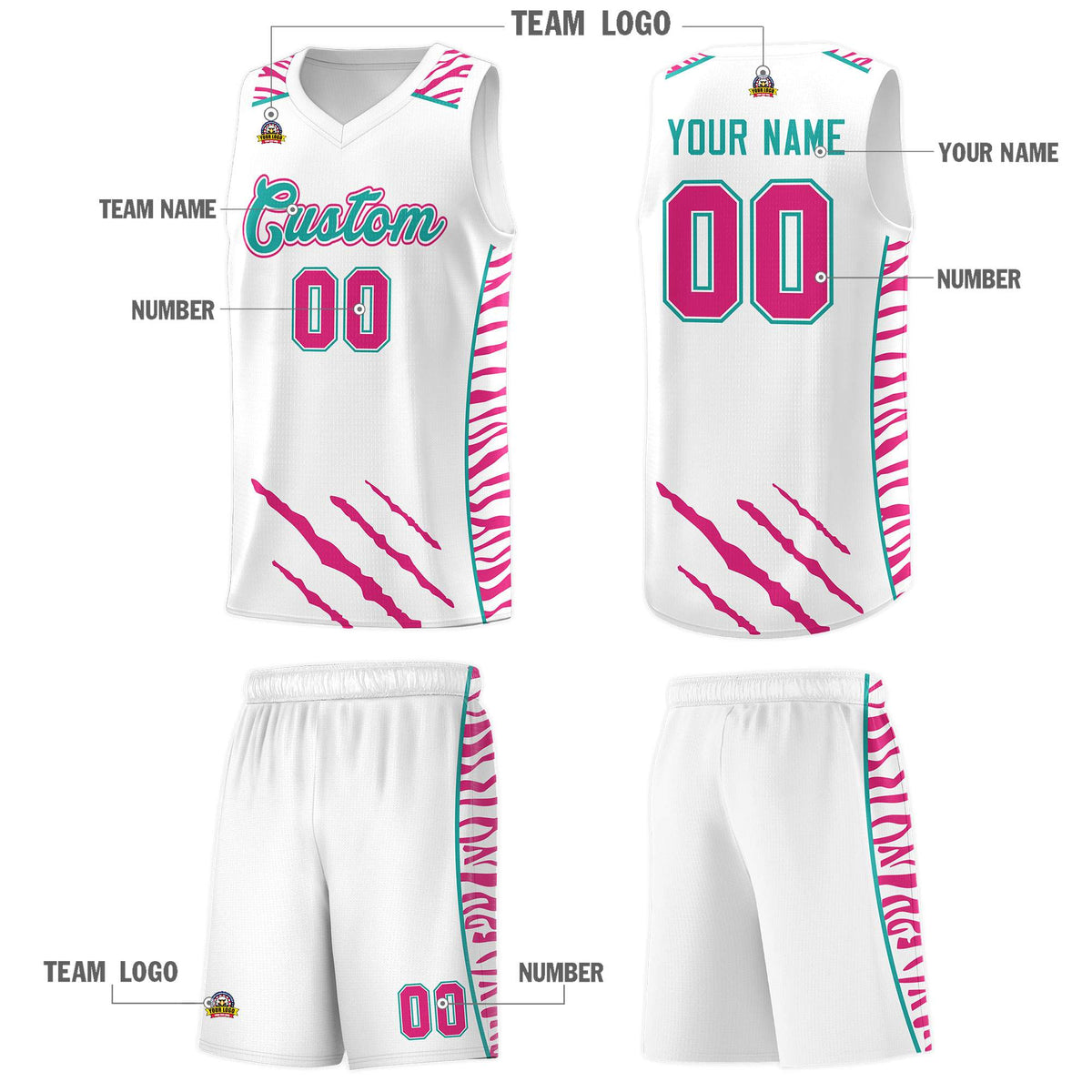 Custom White Personalized Tiger Claw Pattern Sports Uniform Basketball Jersey