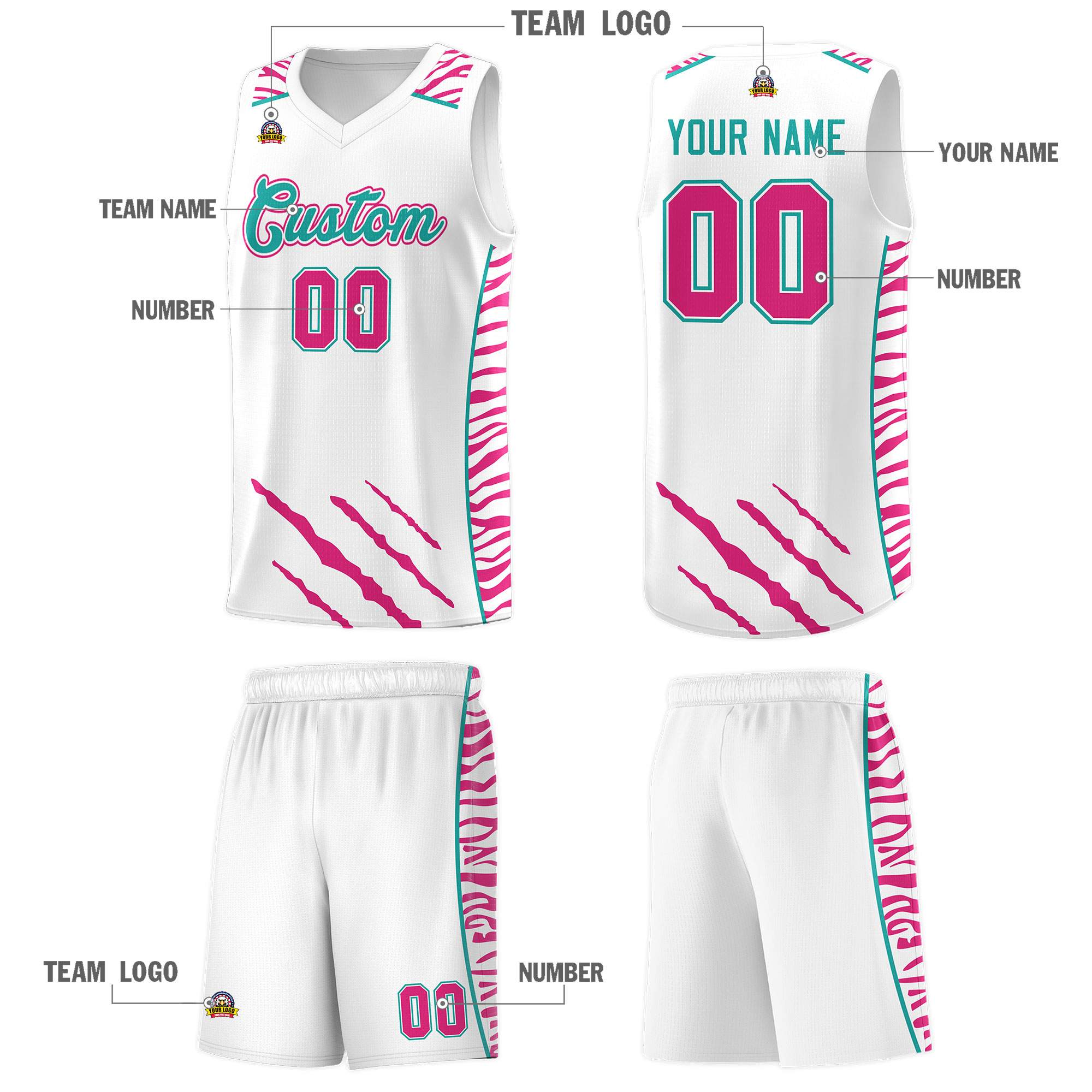 Custom White Personalized Tiger Claw Pattern Sports Uniform Basketball Jersey