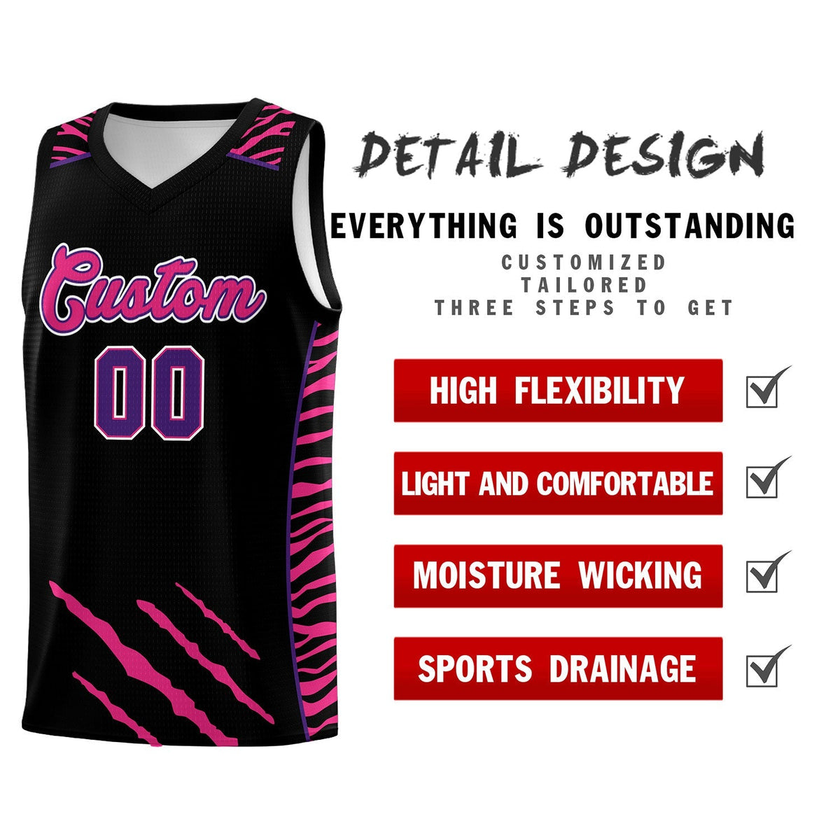 Custom Black Personalized Tiger Claw Pattern Sports Uniform Basketball Jersey