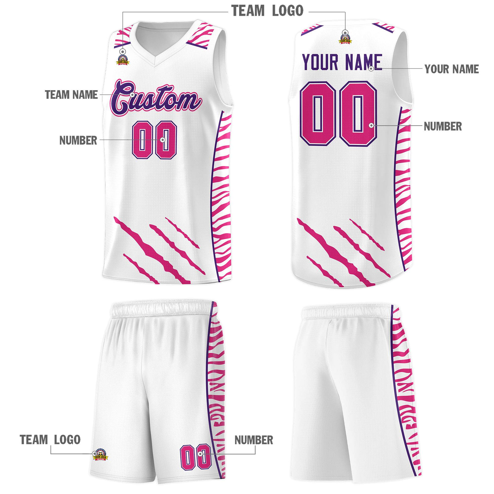 Custom White Personalized Tiger Claw Pattern Sports Uniform Basketball Jersey