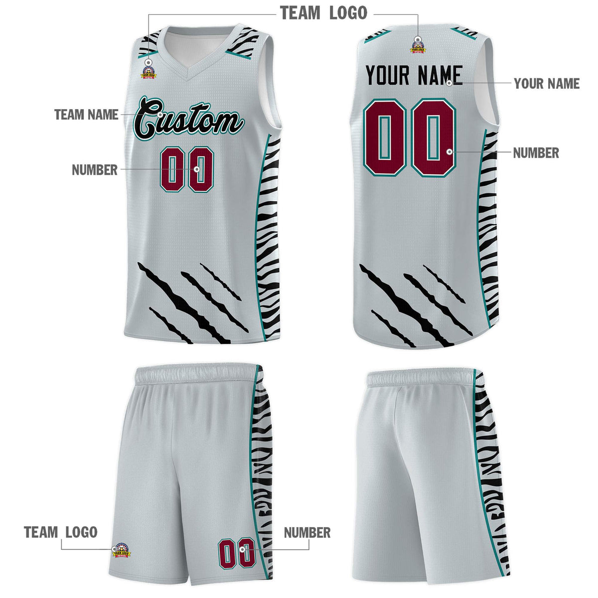 Custom Silver Personalized Tiger Claw Pattern Sports Uniform Basketball Jersey