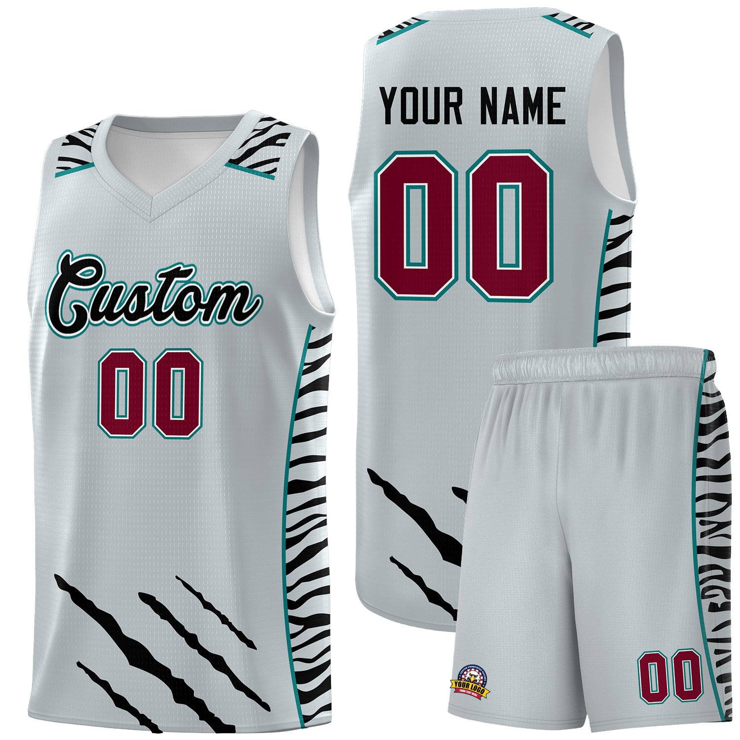 Custom Silver Personalized Tiger Claw Pattern Sports Uniform Basketball Jersey