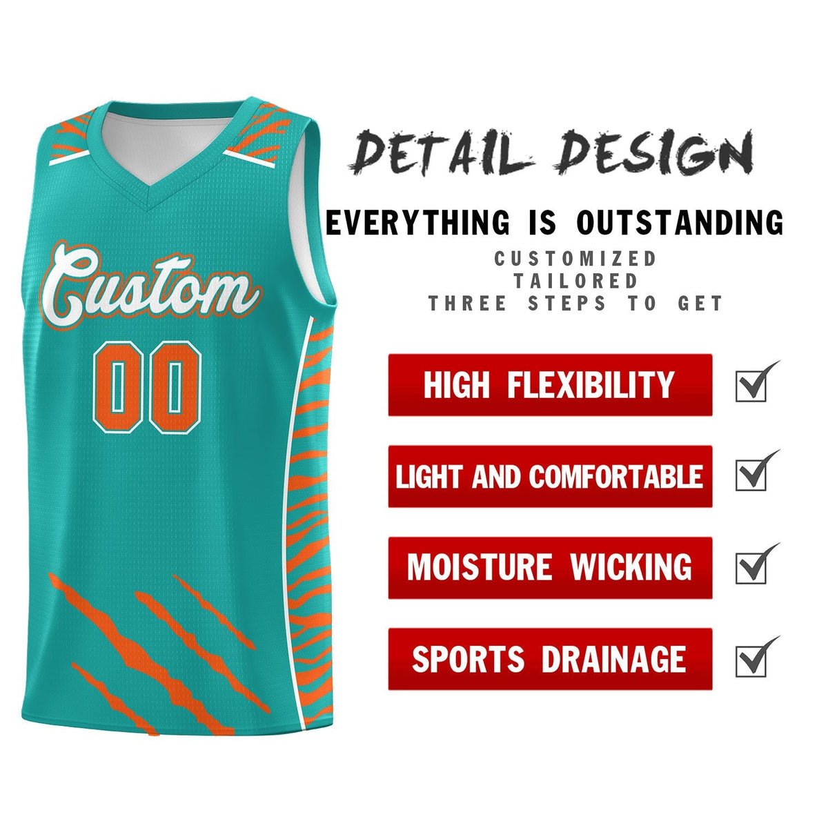 Custom Aqua Personalized Tiger Claw Pattern Sports Uniform Basketball Jersey