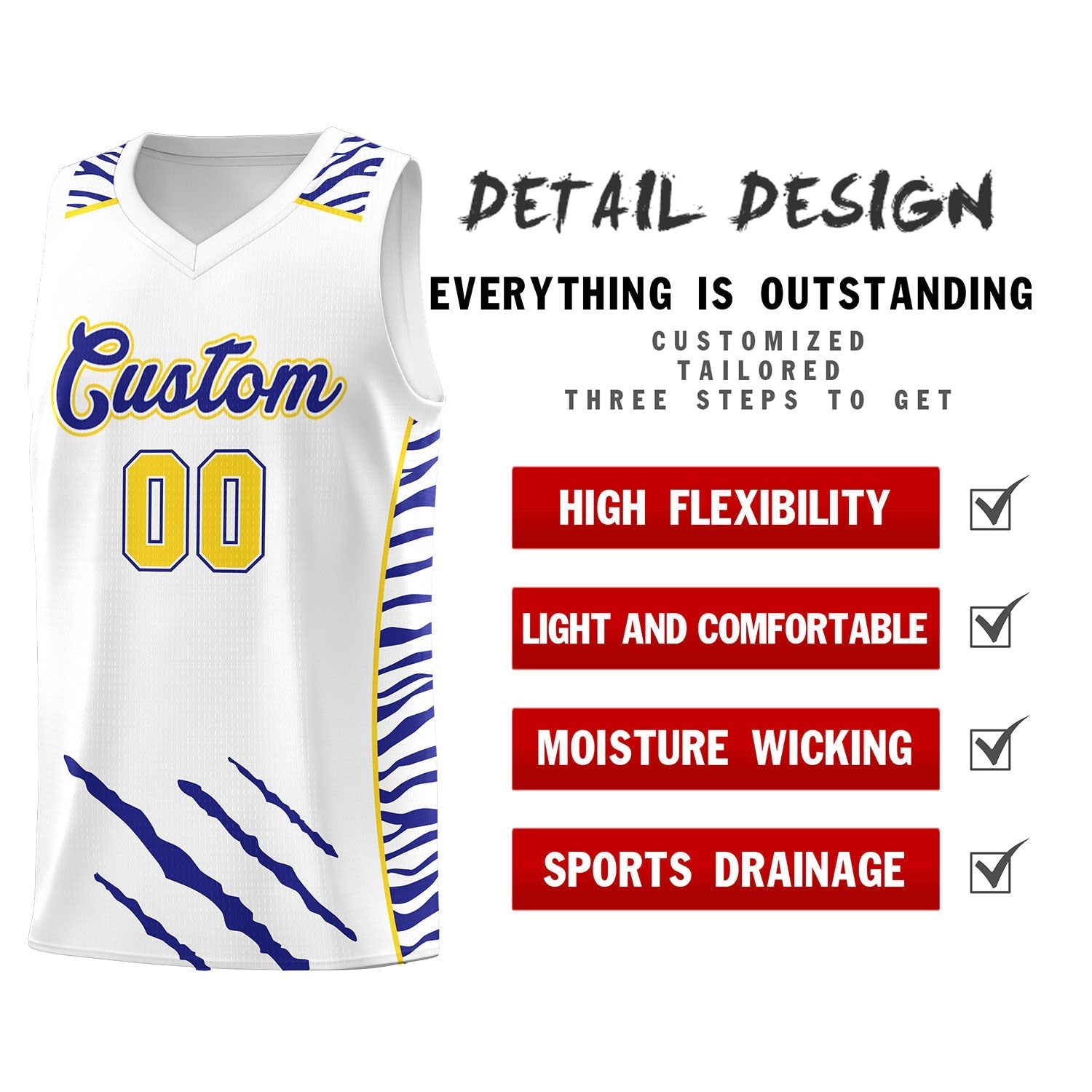 Custom White Personalized Tiger Claw Pattern Sports Uniform Basketball Jersey