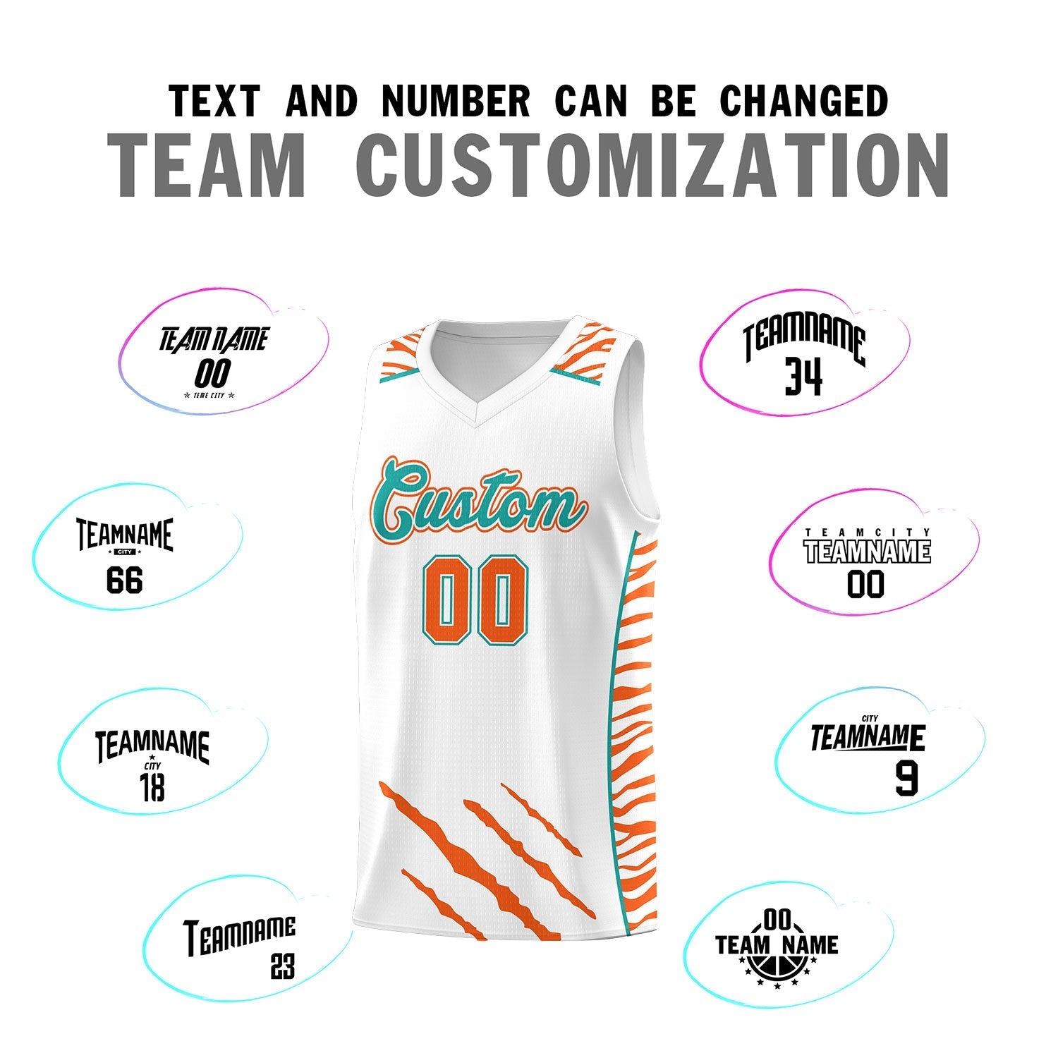 Custom White Personalized Tiger Claw Pattern Sports Uniform Basketball Jersey